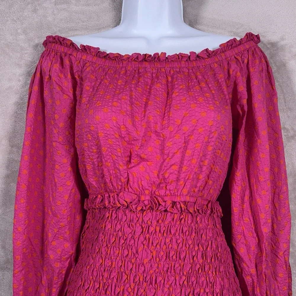 Alexis Marilena Smocked Dress Womens Small Pink Polka Dot Off Shoulder